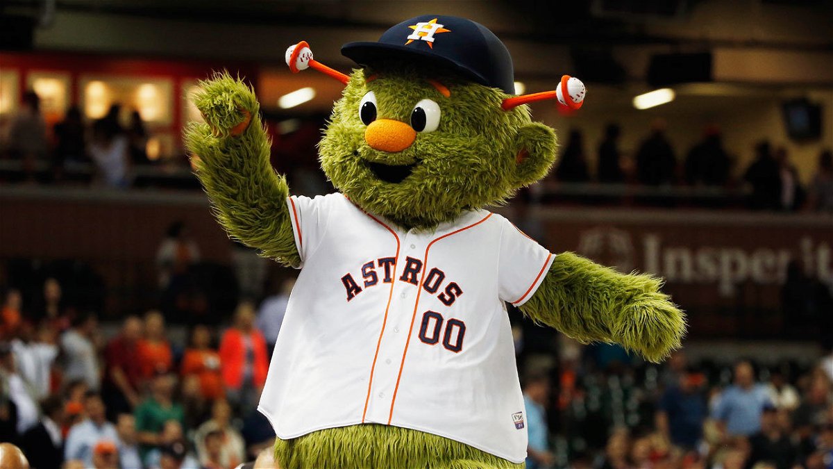 Houston Astros mascot Orbit celebrates.