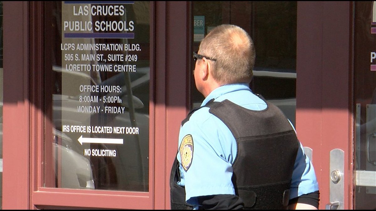 Security personnel outside the LCPS district offices.