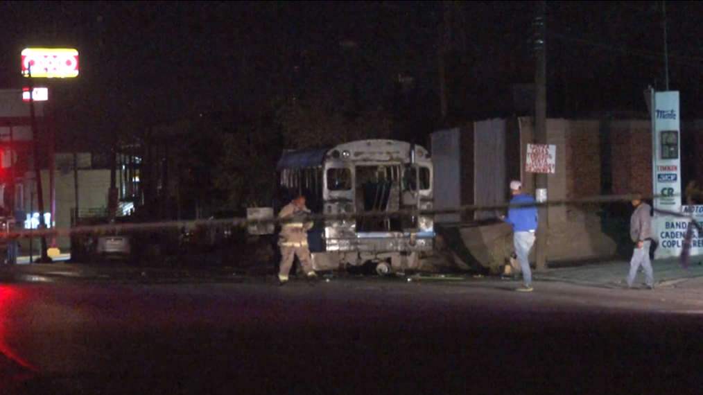 A burned bus was one of numerous vehicles burned during recent drug cartel chaos in Juarez.