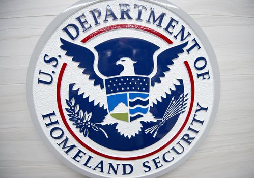 The seal of the U.S. Dept. of Homeland Security on display at its headquarters in Washington.