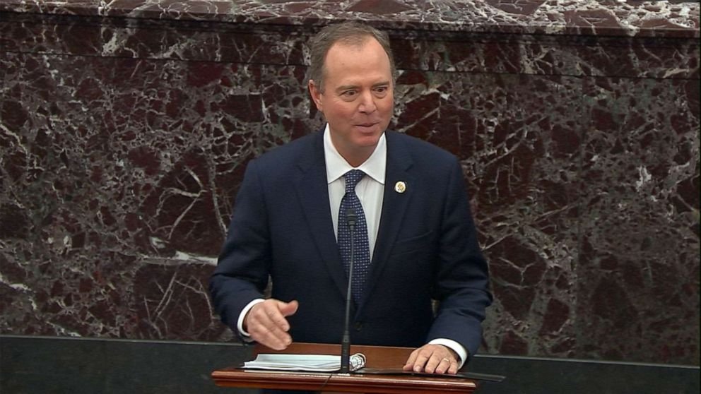 House impeachment manager Adam Schiff speaks on the Senate floor.