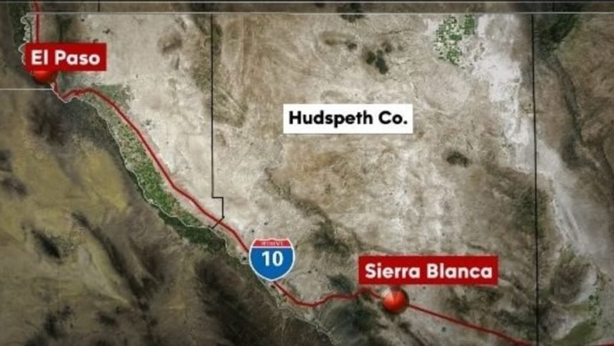 Map shows Sierra Blanca in Hudspeth County, which sits southeast of El Paso along I-10.