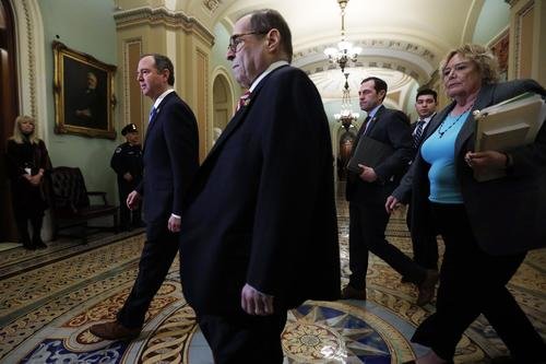 House impeachment managers Rep. Adam Schiff, Rep. Jerry Nadler, Rep. Jason Crow and Rep. Zoe Lofgren arrive at the Senate side of the U.S. Capitol.