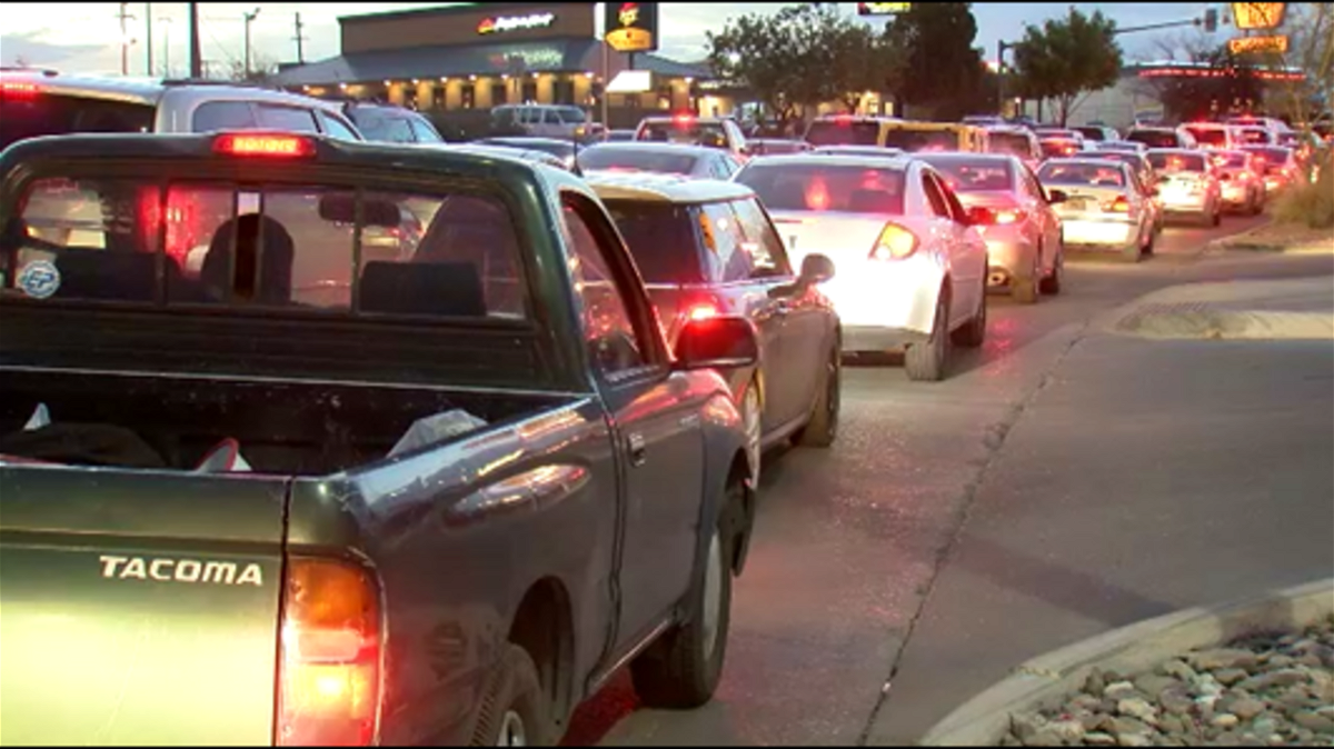 Traffic is seen backed up along Mesa Street near UTEP due to construction in this file photo.