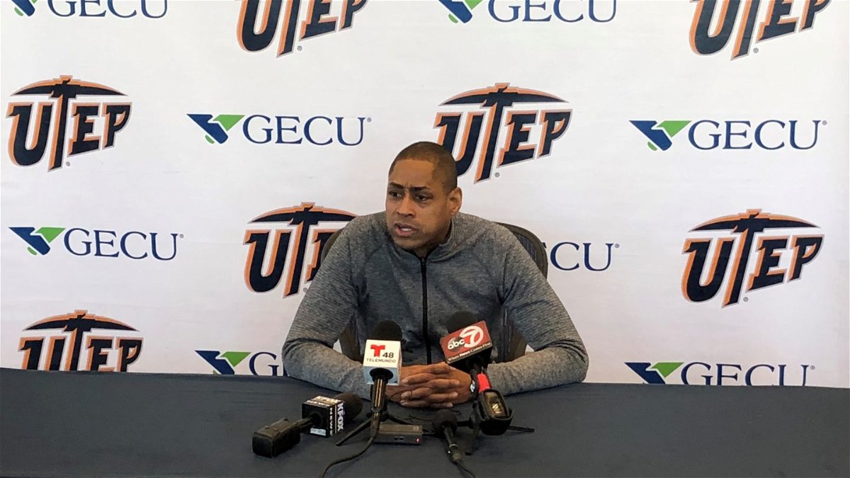 UTEP basketball coach Rodney Terry speaks to reporters at a news conference.