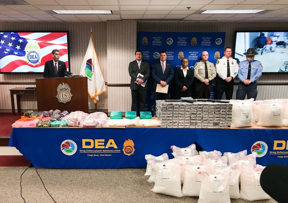 U.S. Drug Enforcement Administration Acting Administrator Uttam Dhillon announces the launch of Operation Crystal Shield at a news conference.