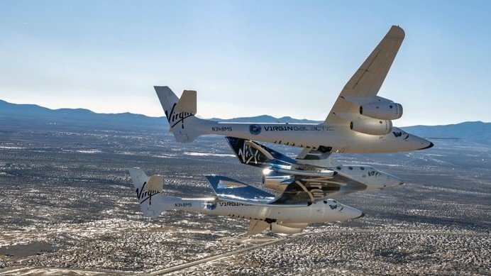 Virgin Galactic's spaceship VSS Unity flying over Spaceport America in Truth or Consequences, New Mexico.