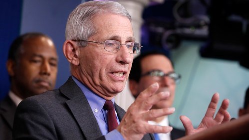 Dr. Anthony Fauci speaks at a White House coronavirus briefing to reporters.