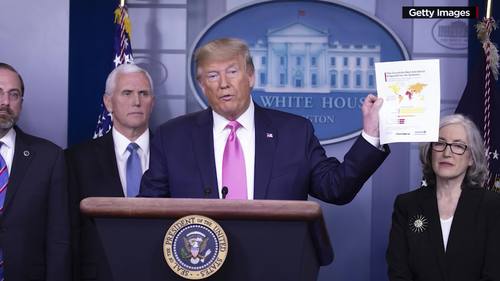 President Trump holds a document as he talks with reporters while Vice President Pence looks on.