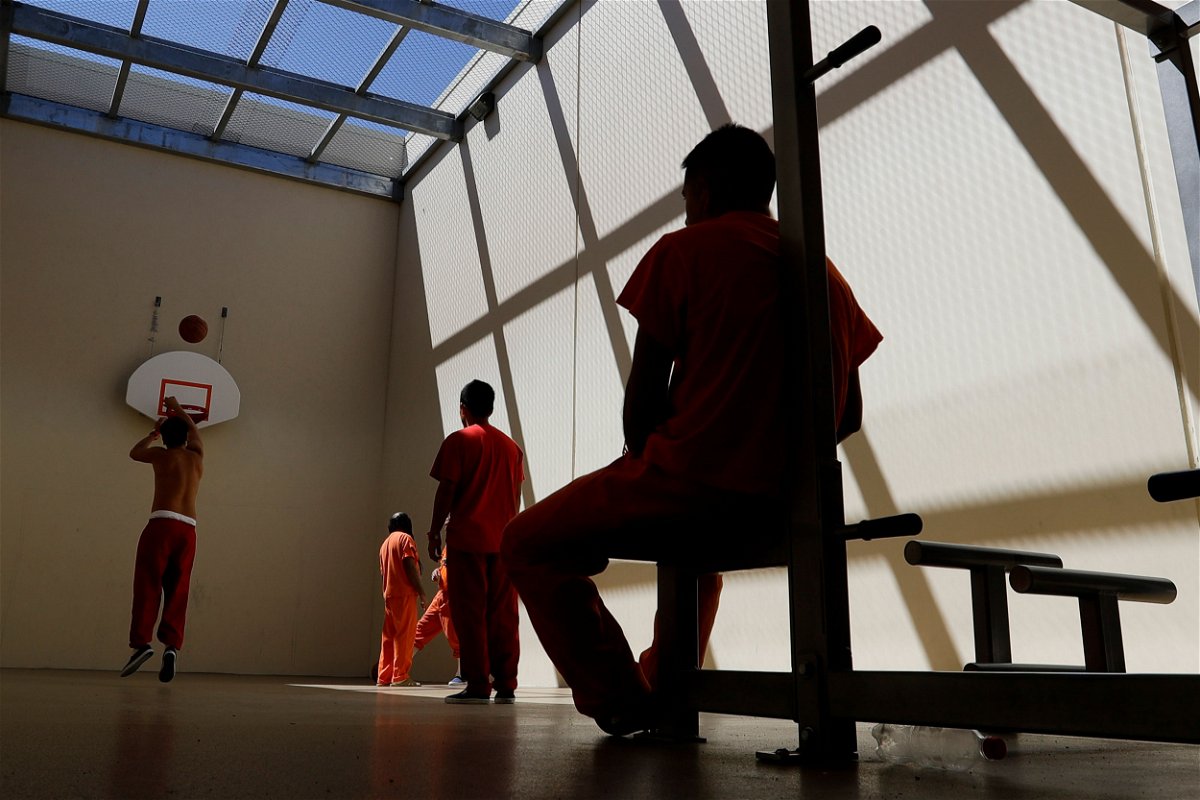 Detainees exercise at the Adelanto ICE Processing Center in Adelanto, California.