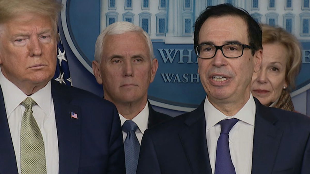 President Trump and Treasury Secretary Steven Mnuchin at a White House briefing.