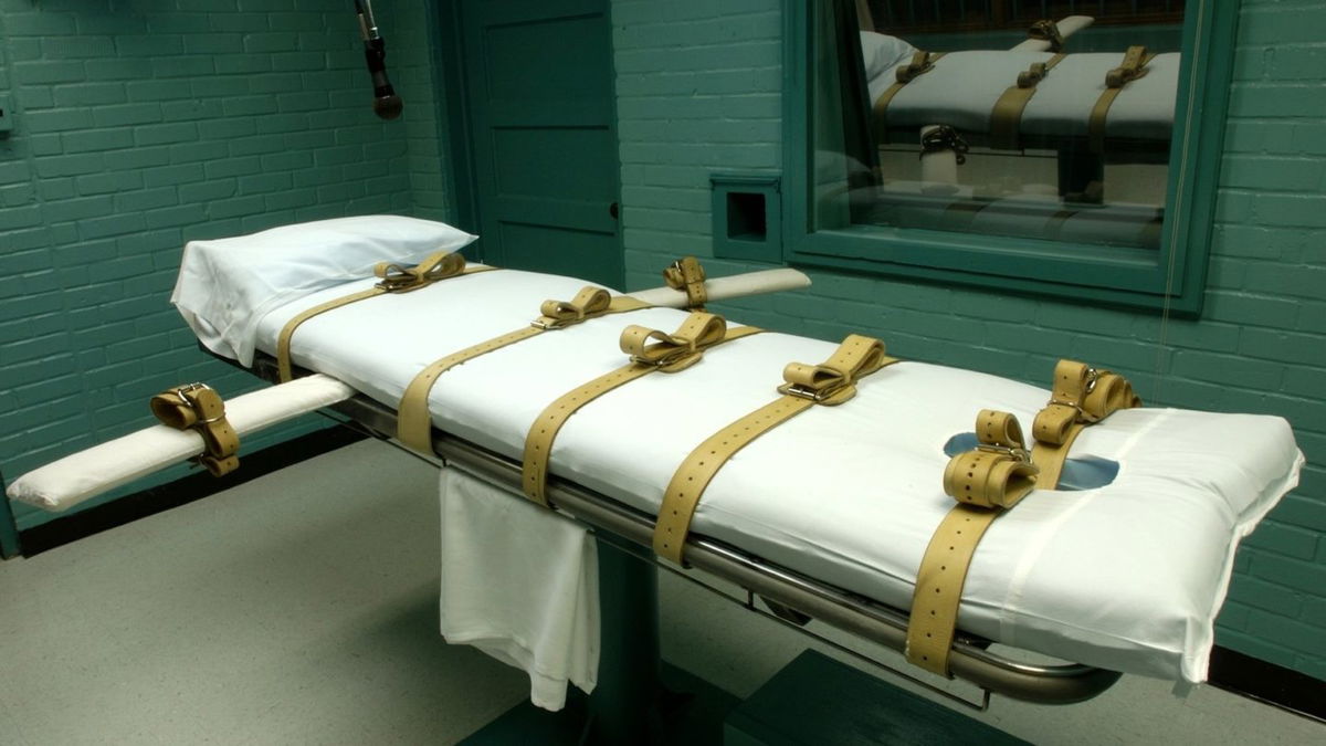 The injection gurney, with an overhead microphone, in the execution chamber at the Walls Unit prison in Huntsville, Texas.