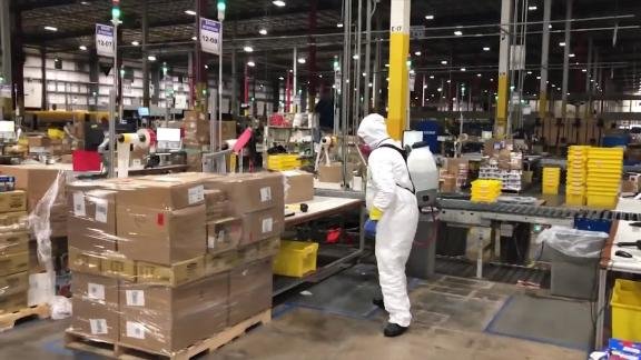 A worker inside an Amazon warehouse in Pennsylvania.