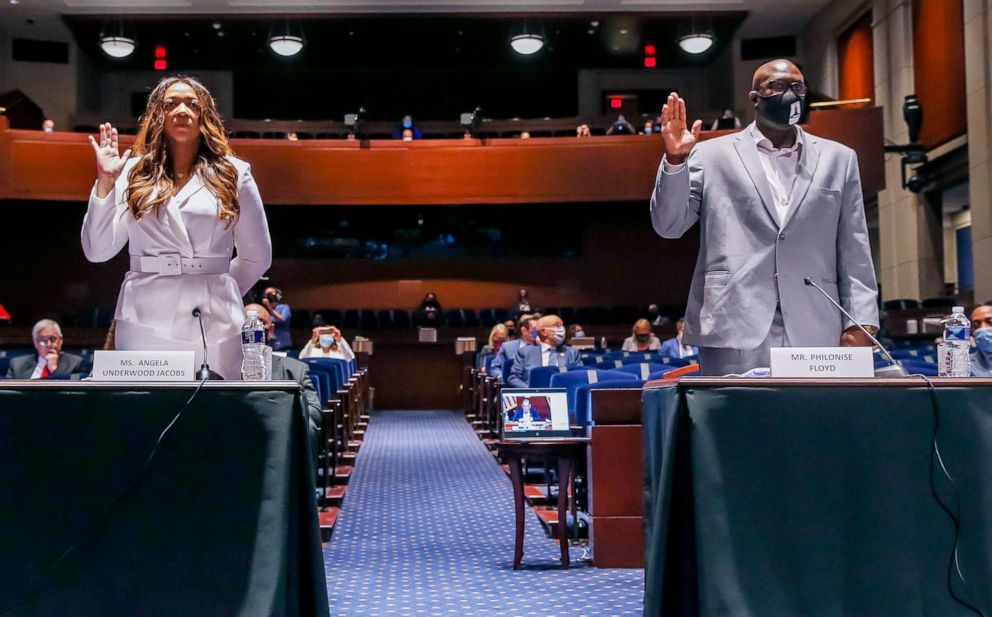 Lancaster, California City Council member Angela Underwood Jacobs, left, and George Floyd's brother Philonise Floyd, right, are sworn in for a House Judiciary Committee hearing .