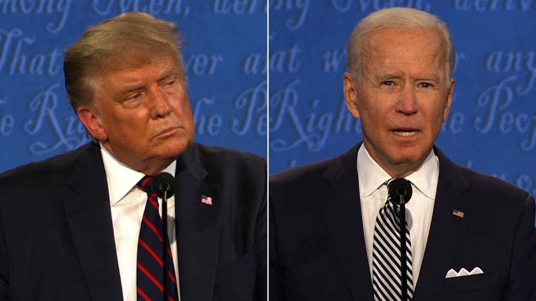 Split screen shows Donald Trump and Joe Biden during the first presidential debate.