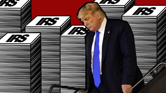 Illustration of former President Trump and his tax returns.