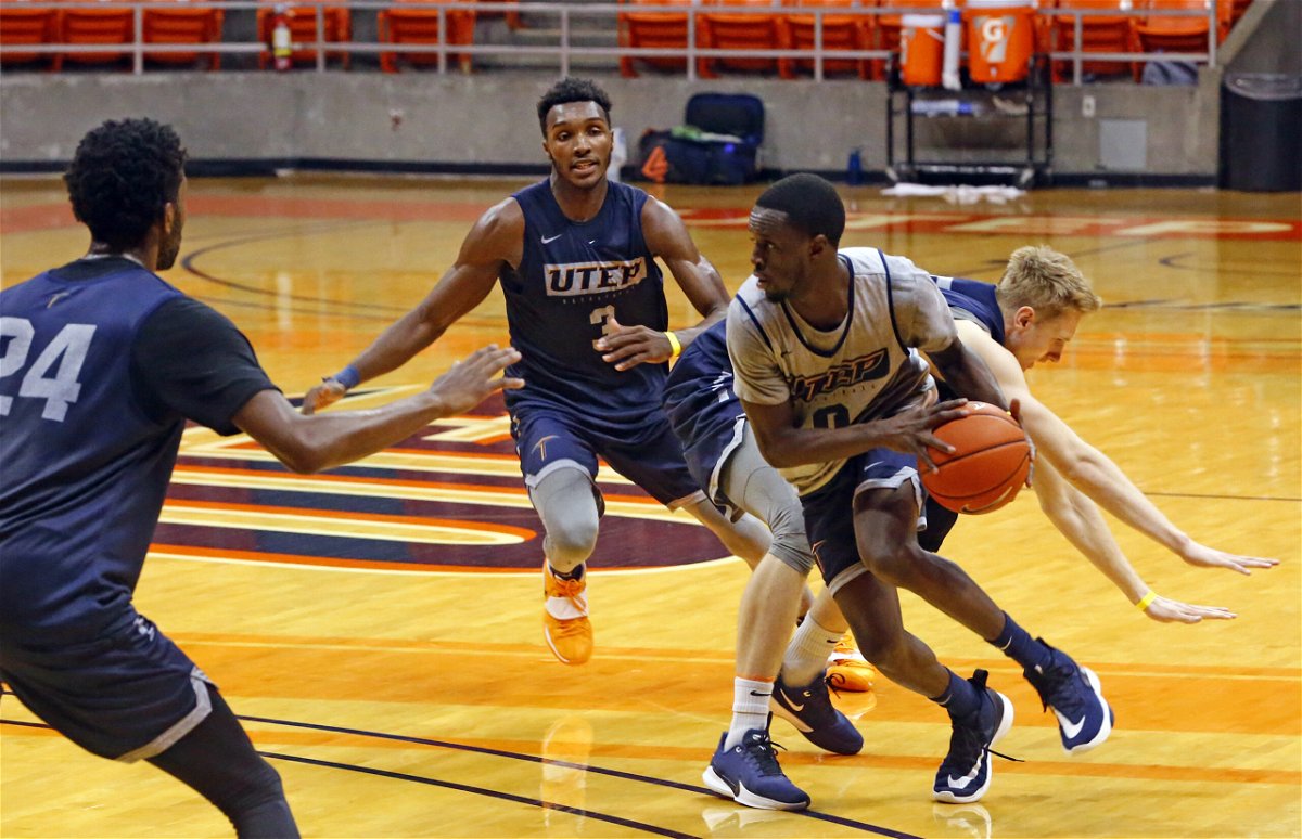 The UTEP men's basketball team during practice.
