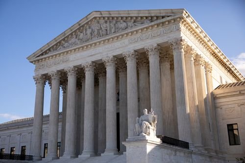 A view of front entrance to the U.S. Supreme Court building in Washington, D.C.