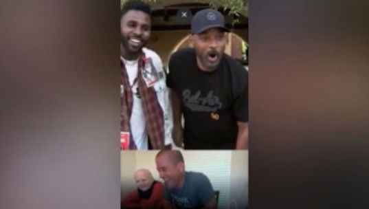 Stars Will Smith and Jason Derulo surprised Aiden Yielding and his dad, Chuck with a virtual visit.