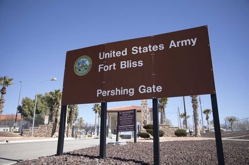 The Pershing Gate entrance to the Fort Bliss Army post.
