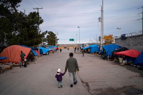 Aslyum seekers are seen at an encampment for refugees in Ciudad Juárez, Mexico.