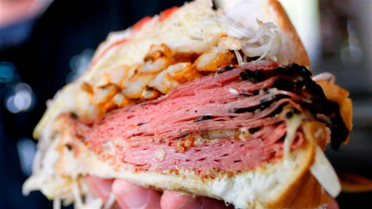 A Primanti Bros. roast beef sandwich is shown at their restaurant in Pittsburgh.