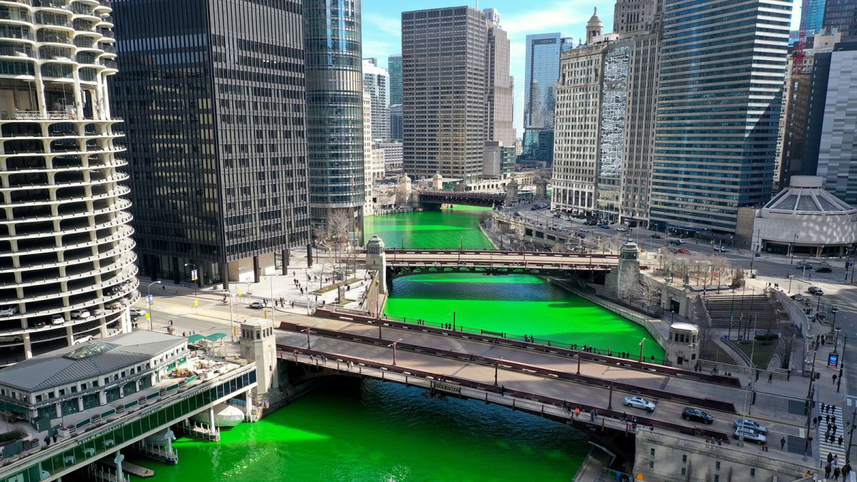 An aerial picture shot with a drone shows the Chicago River as it flows through downtown after it was dyed green in celebration of St. Patrick's Day.