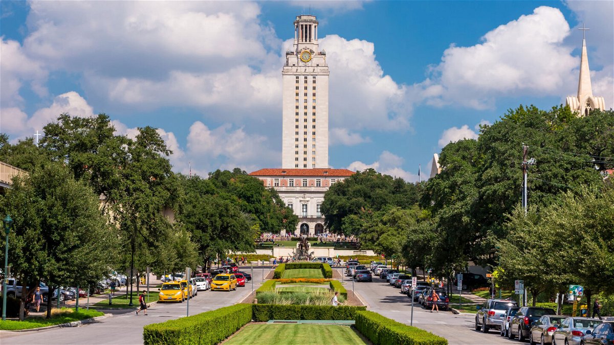 The University of Texas (UT) against blue sky in Austin, Texas.