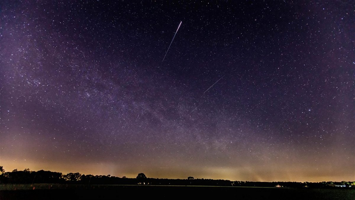 A meteor of the lyrids in the sky  is seen on April 22, 2020 in Schermbeck, Germany. 