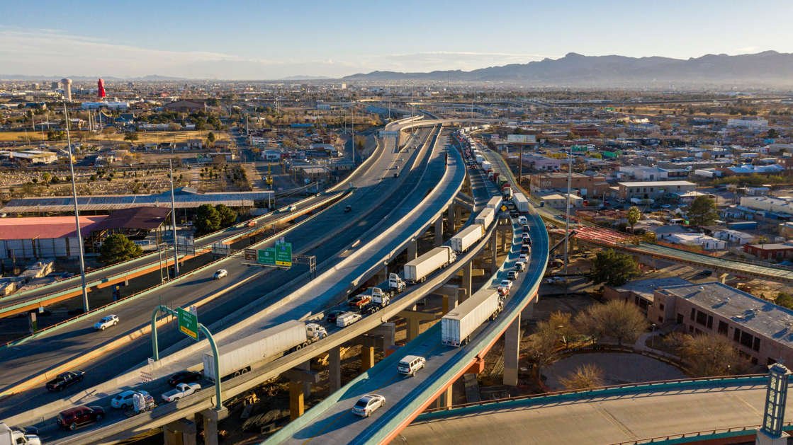 Aerial view of the traffic leading to the Bridge of the Americas International Port of Entry that leads into Juarez from El Paso at the “Spaghetti Bowl”.