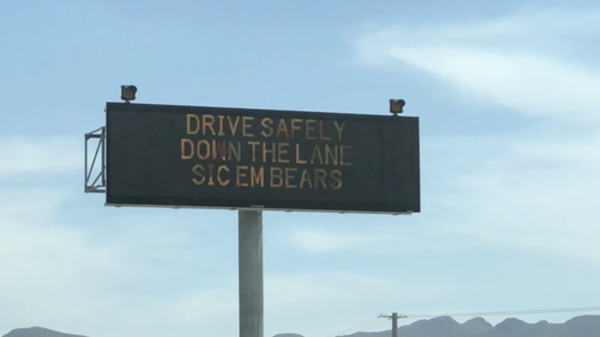 A TxDOT sign rooting for Baylor along I-10 near Sunland Park in El Paso.