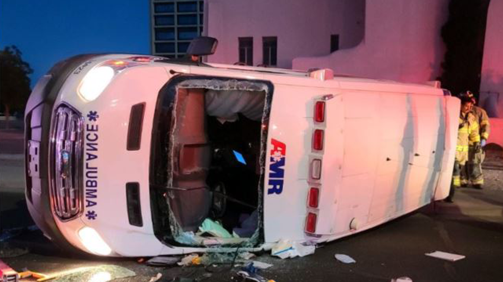 Ambulance that rolled over after being involved in a crash at a Las Cruces intersection.