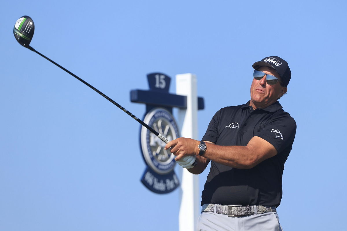 Phil Mickelson plays a shot from the 15th tee during the 2021 PGA Championship.