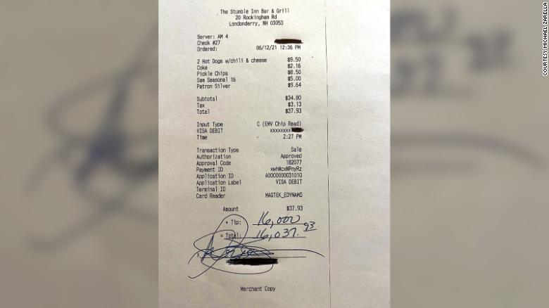 An anonymous customer left this $16,000 tip at Stumble Inn Bar & Grill in Londonderry, New Hampshire.