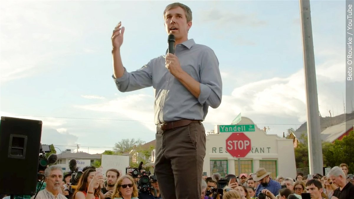 Beto O'Rourke speaks to a crowd during a rally.