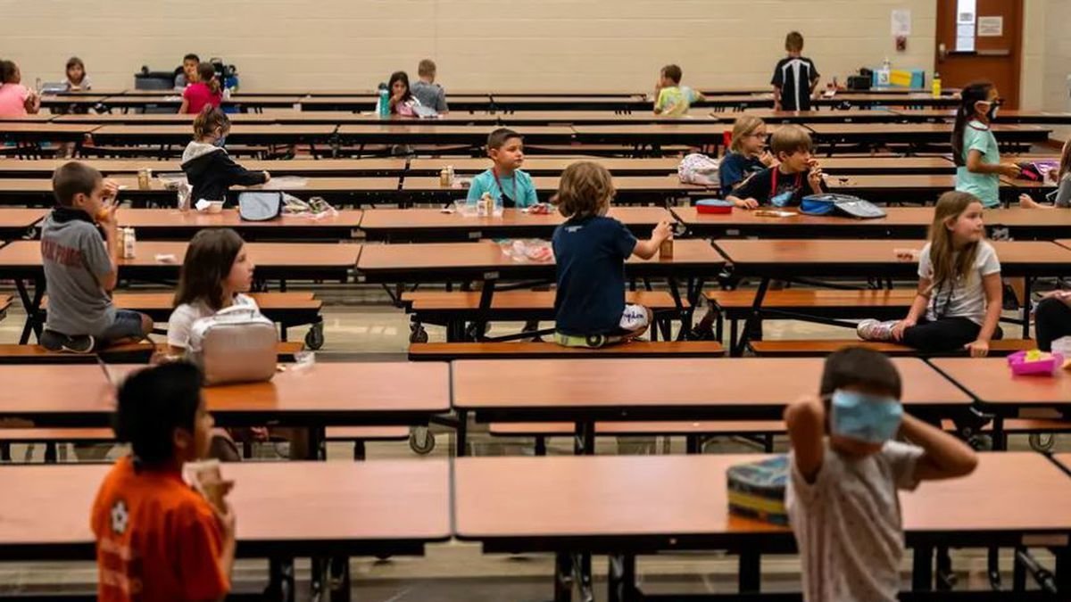 Students are socially distanced in the lunchroom at Jacob’s Well Elementary School in Wimberley, Texas.