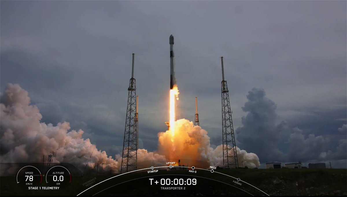 <i>SpaceX</i><br/>A SpaceX Falcon 9 rocket takes off from Cape Canaveral Space Force Station with 88 satellites on board.