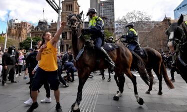 A protester tries to push away a police horse in Sydney on July 24