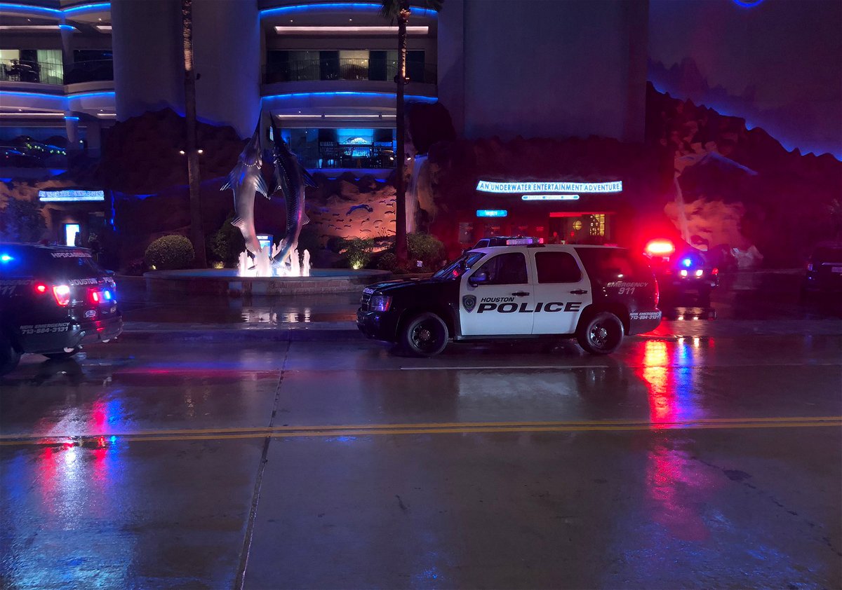 Police at the scene of a shooting at the Downtown Aquarium in Houston, Texas.