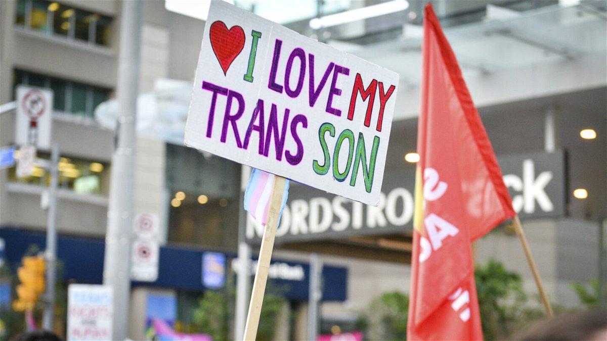 A placard saying, 'I love my trans son,' displayed during a march showing support for transgender and non-binary people.