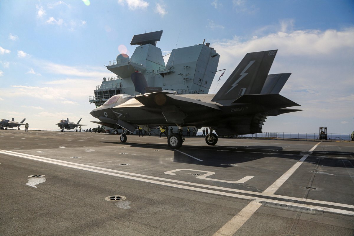 <i>1st Lt. Zachary Bodner</i><br/>US Marine Fighter Attack Squadron 211 conducts flight deck operations onboard the Royal Navy aircraft carrier HMS Queen Elizabeth in the South China Sea on July 27.
