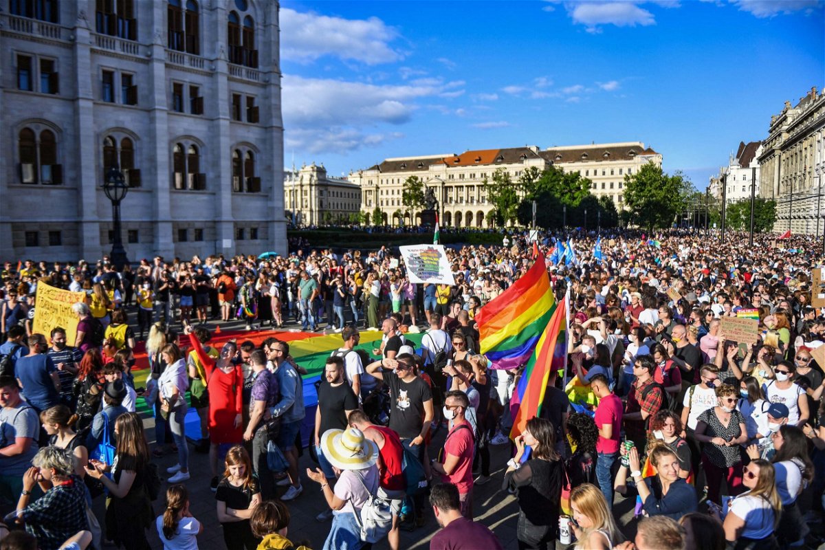 <i>GERGELY BESENYEI/AFP/Getty Images</i><br/>Participants gather in Budapest on June 14 during a demonstration against the Hungarian government's draft bill seeking to ban the 
