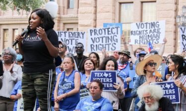 Rep. Jasmine Crockett addresses the crowd at the For The People Rally in front of the Texas Capitol building in Austin