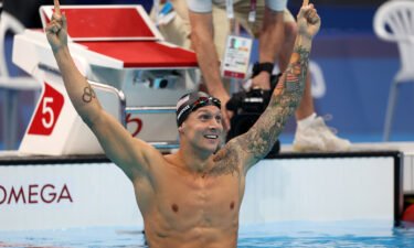 Caeleb Dressel of Team USA reacts after winning the gold medal in the Men's 100m Freestyle Final on July 29 in Tokyo