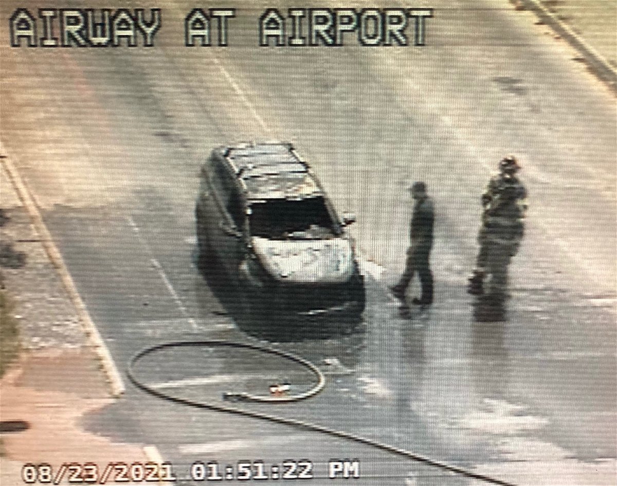 An SUV that was consumed by fire at Airway and Airport.