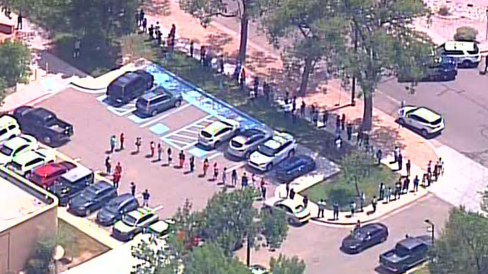 Aerial view of middle school shooting scene in Albuquerque.