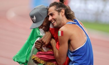 Mutaz Essa Barshim and Gianmarco Tamberi emotionally embrace after winning gold in the men's high jump in Tokyo.