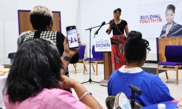Cuyahoga County Council Representative and Ohio 11th District congressional candidate Shontel Brown speaks during Get Out the Vote campaign event at Mt. Zion Fellowship on July 31