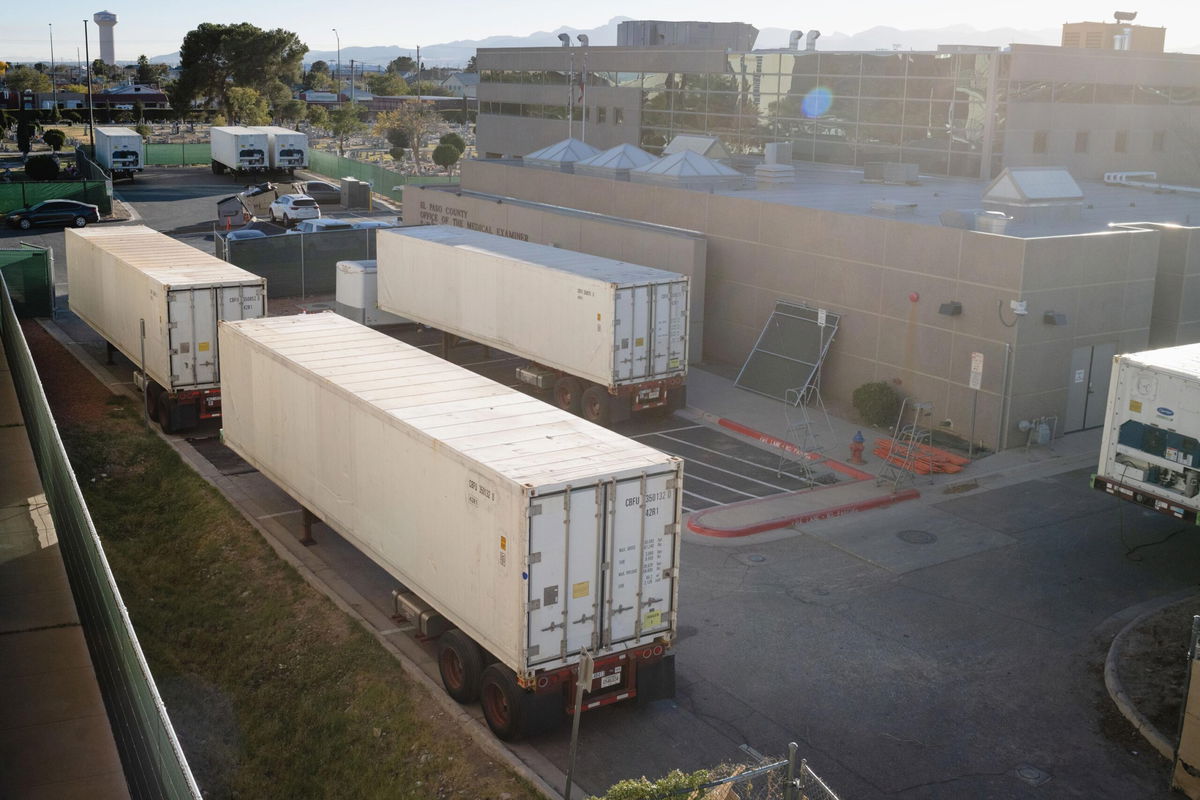 Refrigerated trailers serving as makeshift morgues are pictured outside of the El Paso County  Medical Examiner's office in November of 2020. 