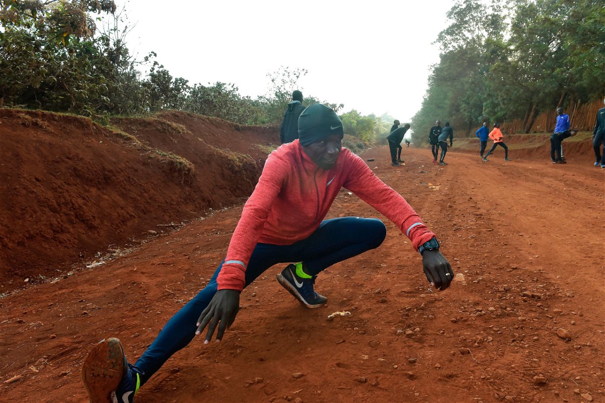 <i>Simon Maina/AFP/Getty Images</i><br/>Eliud Kipchoge takes part in a training session near Eldoret in March 2017.